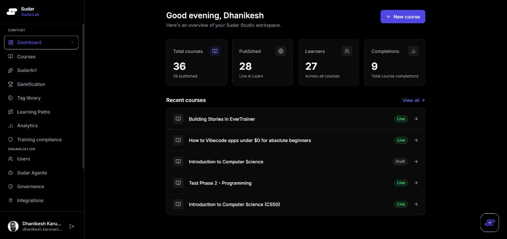 Sudar Studio dashboard
